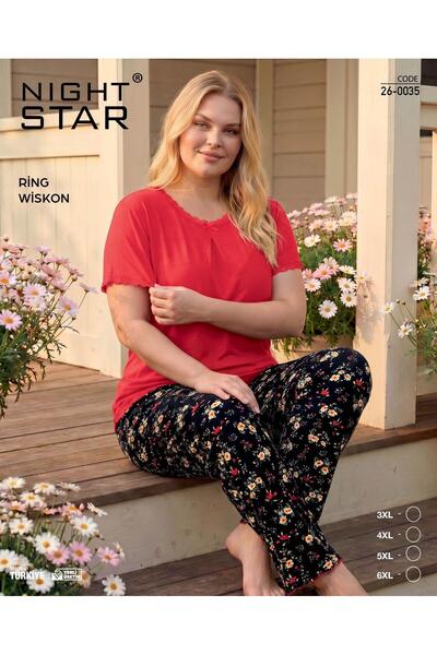 Night Star Classy Floral Patterned Lace Large Size Ring Viscose Pajama Set