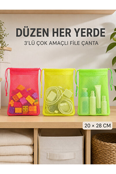 nnevora 3'lü Çok Amaçlı File Saklama Torbası 20x28 cm - Büzgülü Renkli Oyunca...