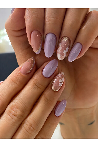 Lila Çiçek Desenli Takma Tırnak – Parlak Almond Model | 24’lü Press On Nails