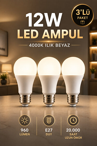 Edison 3 Adet 12W LED Ampul E27 Duy 4000K Ilık Beyaz 960 Lümen Tasarruflu Ayd...