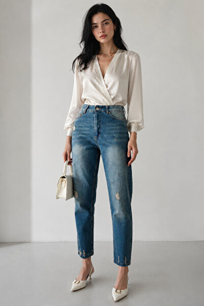 SHEVEGA Blue High Waist Ripped Detailed Tint Washed Boyfriend Mom Jean Denim ...