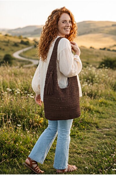 Bohoyasam Women's Handmade Bohemian Knitted Shoulder Bag Brown Daily Beach Va...