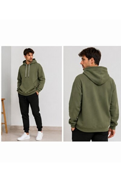 Generic Brand سويت شيرت بقلنسوة ذو ملمس ناعم بثلاثة خيوط مزخرفة باللون الكاكي