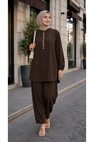 Puane 26Y14422 TAKIM TUNİK PANTOLON BONCUK İŞLEMELİ MODAL KUMAŞ KAHVE