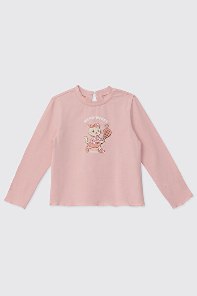 Panço Kız Bebek Bisiklet Yaka Baskılı Açık Pembe Tişört