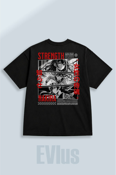 EVIus Tricou negru supradimensionat Nakira Anime, imprimat, 100% bumbac, cu d...