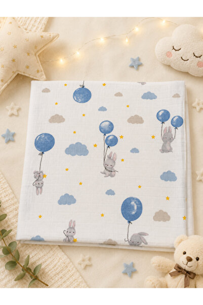 gülünce baby Balonlu Tavşan Desenli 80 x 90 ölçülerinde Tek Kat MüslinYazlık Bebek Battaniyesi 953
