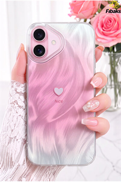 Fibaks iPhone 17 Kılıf Hologramlı Pembe Işıltı Minik Kalp Dalga Desenli Şeffa...