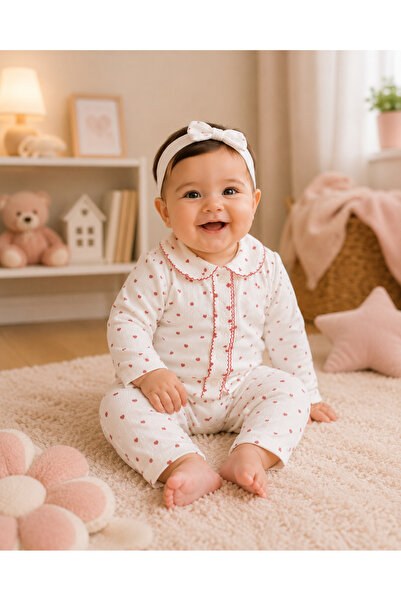 SERPİL Kız Bebek Kalp Desenli Pijama Takımı Pamuklu Uzun Kollu Düğmeli Ekru K...