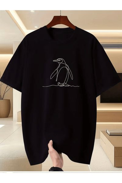 one button Ανδρικό μπλουζάκι με στάμπα Mr. Cartoon Penguin, Premium Oversize