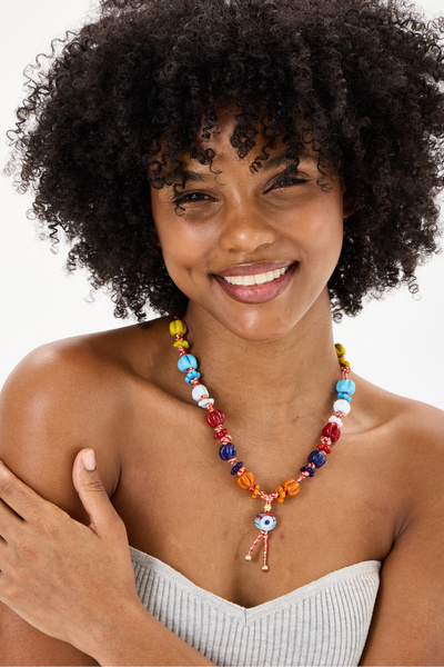 JİMNY JEWELRY قلادة موسايكا من الخرز الزجاجي على شكل عين الشر