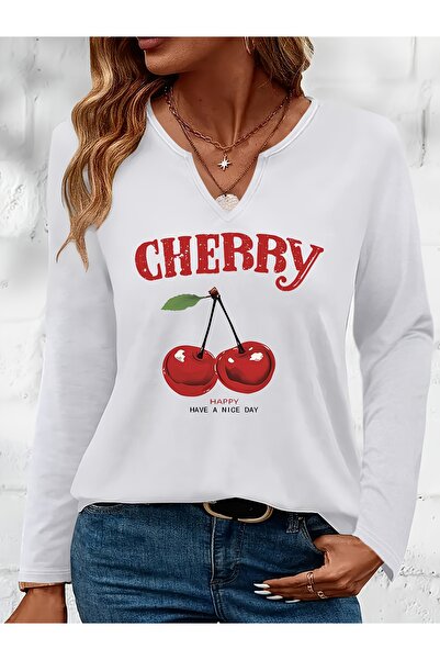 mercoledi Cherry Printed Cotton Half V-Neck Long Sleeve Blouse
