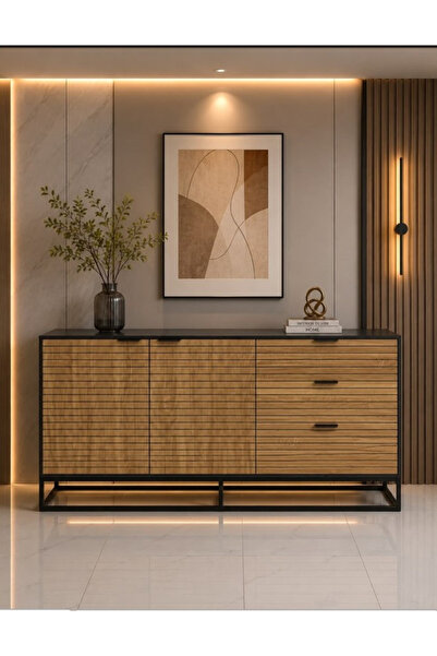 BEYTNA 15 بوفيه مودرن فاخر بتصميم خشب مموج وهيكل معدني -عرض 200 سم