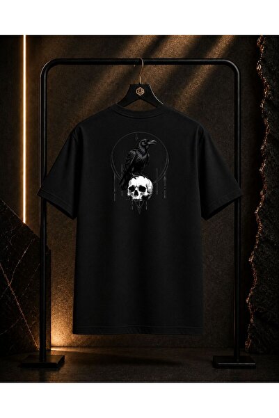 GOB Collection Unisex Kuru Kafa İle Karga Sırt Baskılı %100 Pamuk Oversize Bi...