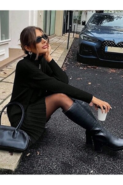 POİNE Pulover cu guler înalt și fustă mini plisată, set elegant de tricotaje