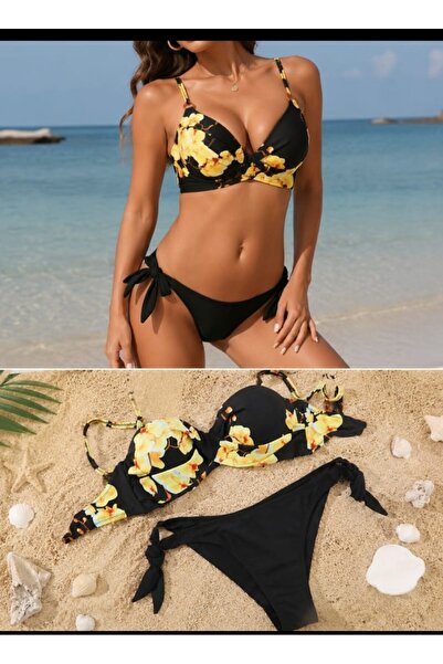 Nobrand Costum de Baie Damă 2 Piese Negru cu Imprimeu Floral Galben, Sutien P...