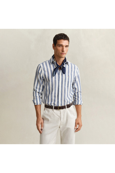 Gant Erkek Mavi Regular Fit Çizgili Logolu Gömlek