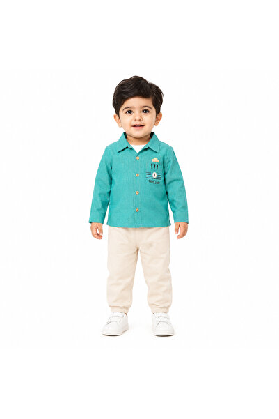 Generic Brand Boys' Shirt and Trousers Set, Turquoise and Beige, Long Sleeve,...