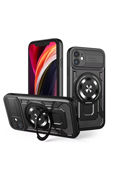 OEM Калъф с ринг, съвместим с iPhone 15, Удароустойчив, TPU, ABS, Черен - черен