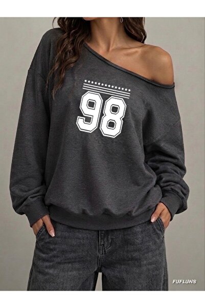 FUFLUNS 98 Star Printed Oversized Women's Boat Neck Sweatshirt