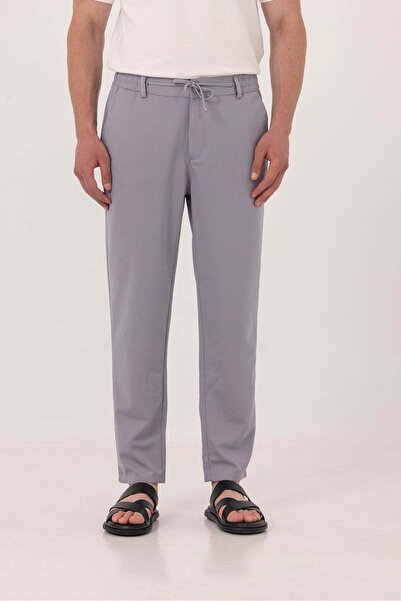 Sabri Özel Gri Dokulu Arka Lastikli Köprü Kemerli Bağcıklı Slim Fit Jogger Pa...