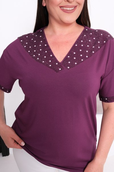 Esina Women's V-Neck Viscose Blouse with Stone and Pearl Detailing