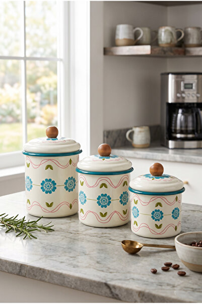 İnci Emaye 3-Piece Set of 6-Piece Enamel Jars with Lids 1 Liter, 1.3 Liter, 1...