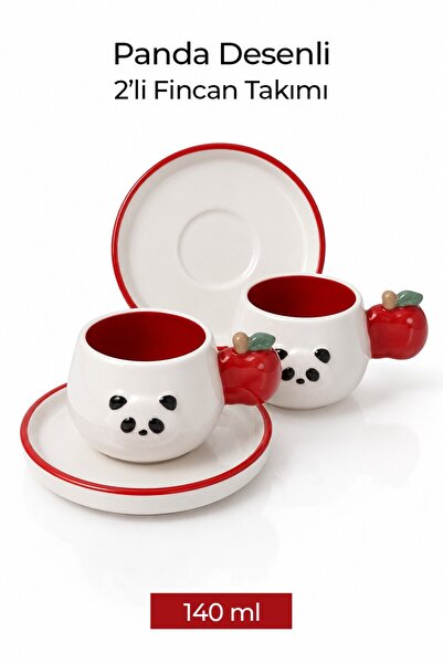 Rosie Panda Patterned Coffee Cup with Cherry Handle, Set of 2, 140 ml
