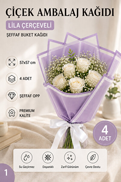 ÇINARASYADAHOME Şeffaf Kenarlı Lila Çerçeveli Buket Ambalaj Kağıdı 57x57 cm Ç...
