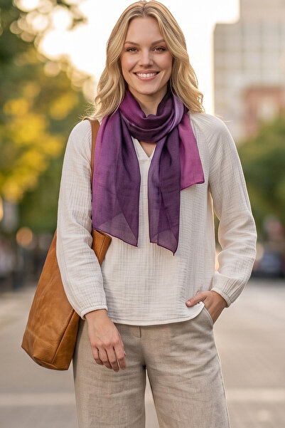 Generic Brand Purple Violet Gradient Scarf with Edge Stitching, Chiffon Satin...
