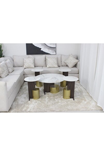 GLAMOURE HOME طقم طاولات خدمة وضيافة ذكية مودرن خشبية خماسية (يتكون من 5 قطع:...