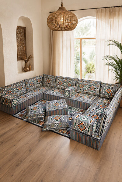 FEYZA DECOR HOME Otantik Gri Kilim Desenli 20 cm Yüksek Şark Köşesi Takımı