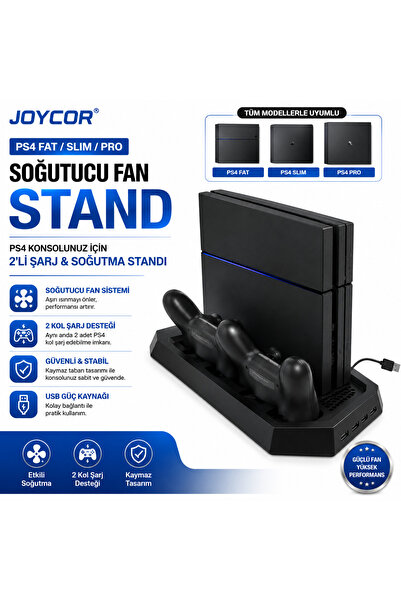 JOYCOR PS4 Fat Slim Pro Uyumlu Soğutucu Fan Stand 2 Kol Şarj İstasyonu USB Ba...