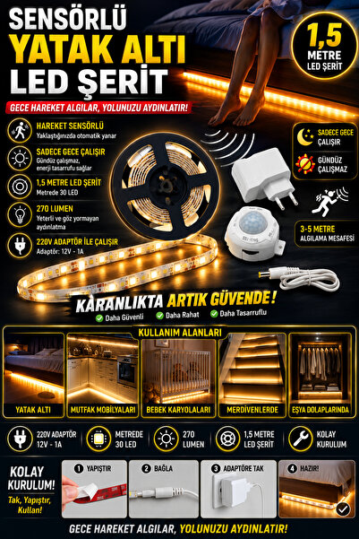 nelerbulurum 1.5 Metre Gece Sensörlü 45 Ledli (Geceleri Çalışır) Yatak Altı, ...