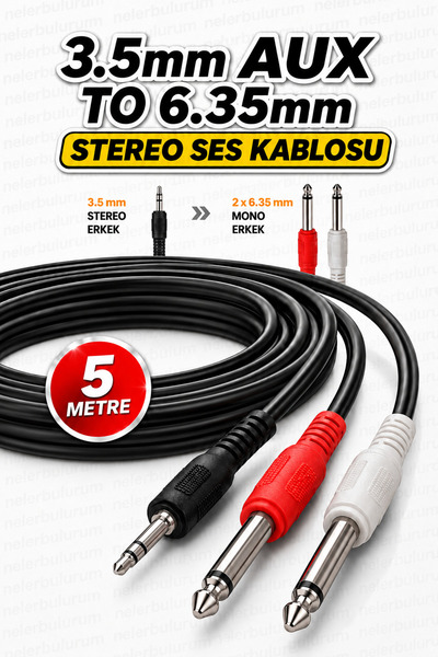 nelerbulurum 5 Metre 3.5mm AUX To 2x6.35mm Jack Stereo Ses Kablosu Mikser Amf...