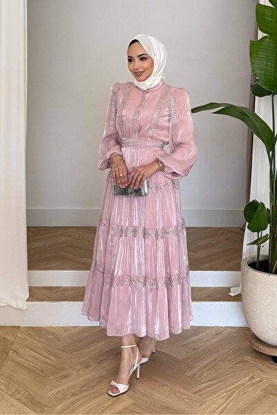 Rimel Moda İnci Detaylı Elbise Pudra