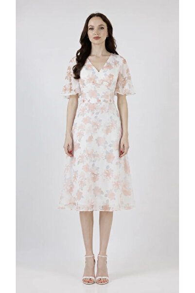 2TRENDY Women Floral Print Sheer Sleeve Midi Dress White