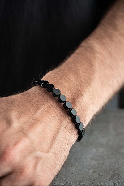 Nereze Hexagonal Matte Hematite Natural Stone Macrame Men's Bracelet