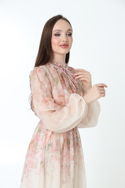 2TRENDY Women's Floral Print Ruffle Collar Long Flare Sleeve Chiffon Maxi Dress