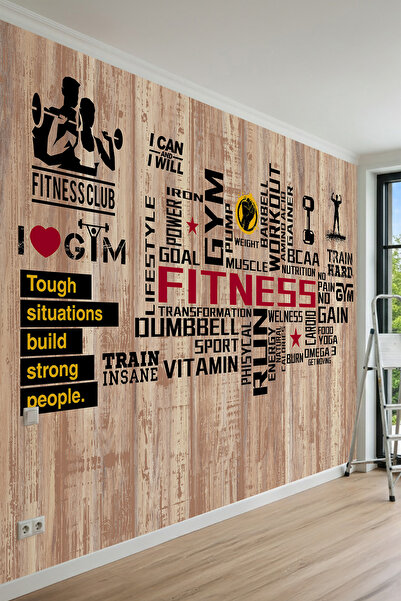 dreamwall Fitness Temalı Tipografi ve Spor Motifli Tek Parça Tekstil Duvar Ka...