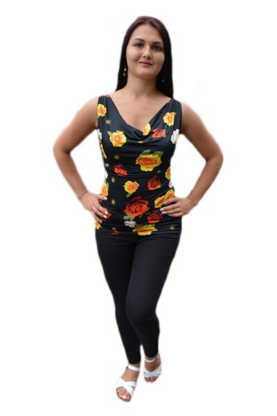 OEM Bluza lejera de culoare neagra cu design de flori viu colorate