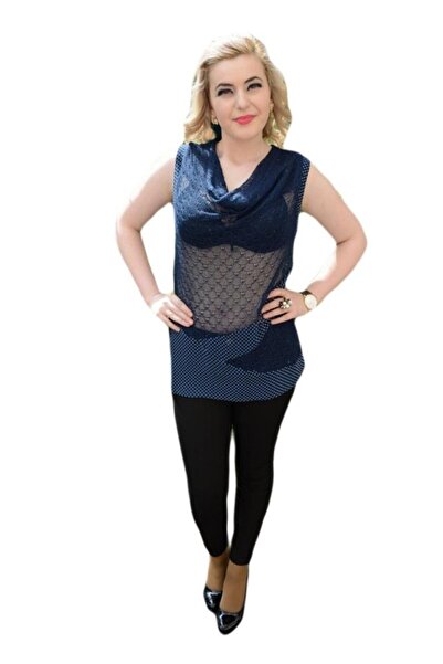 OEM Bluza in nuanta de bleumarin-alb, fara maneci, guler chic