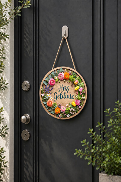 Lucena Wooden Door Ornament with Welcome Writing and Floral Spring Theme Roun...