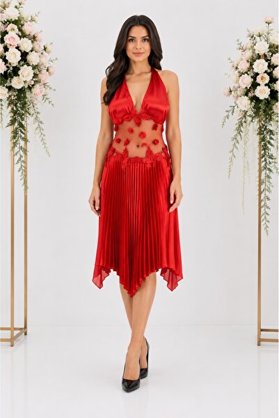 OEM Rochie rafinata din saten si tul de nuanta rosie, cu decor floral