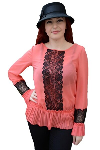 OEM Bluza cu maneca lunga, nuanta de corai, cu design de dantela aplicata