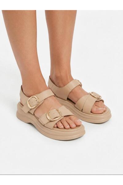 DX AYAKKABI Dx Women's Beige Sandals with Buckle Detail