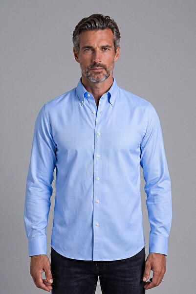Bisse Light Blue Regular Fit Pocketless Long Piomente Collar Shirt