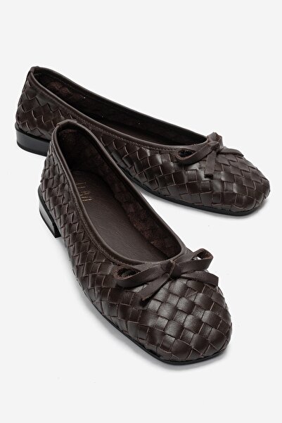 LuviShoes Garen Brown Knitted Genuine Leather Bowknot Women's Ballerina Shoes