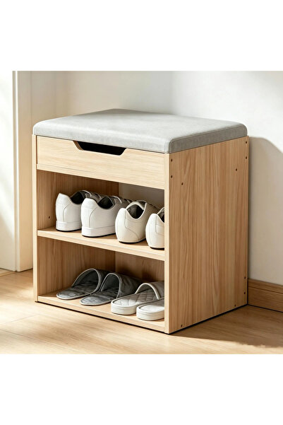 Arabest Light Oak Shoe Storage Bench with Grey Cushioned Seat, 2-Tier Open Sh...