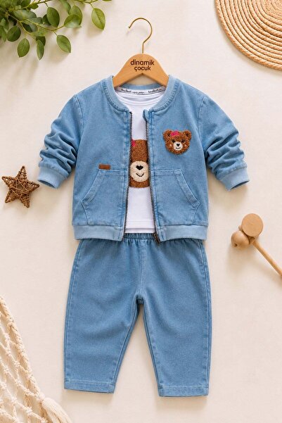 dinamik çocuk Baby Girl Teddy Bear Detailed Zippered 3-Piece Set Denim Look F...
